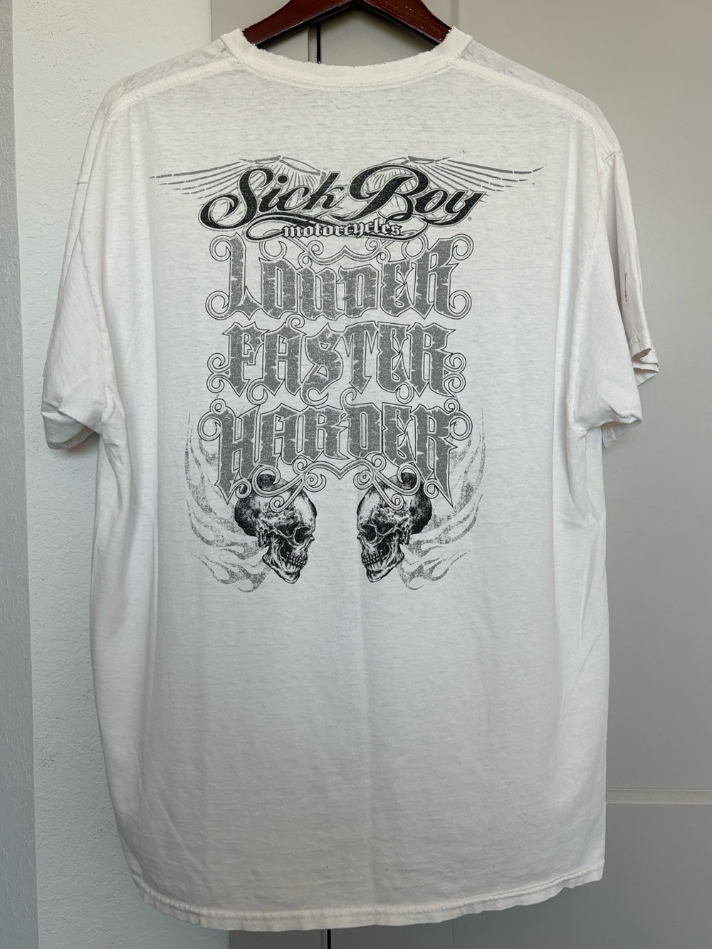 VINTAGE SICK BOY MOTORCYCLES LOUDER FASTER HARDER GRAPHIC WHITE TSHIRT MENS XL